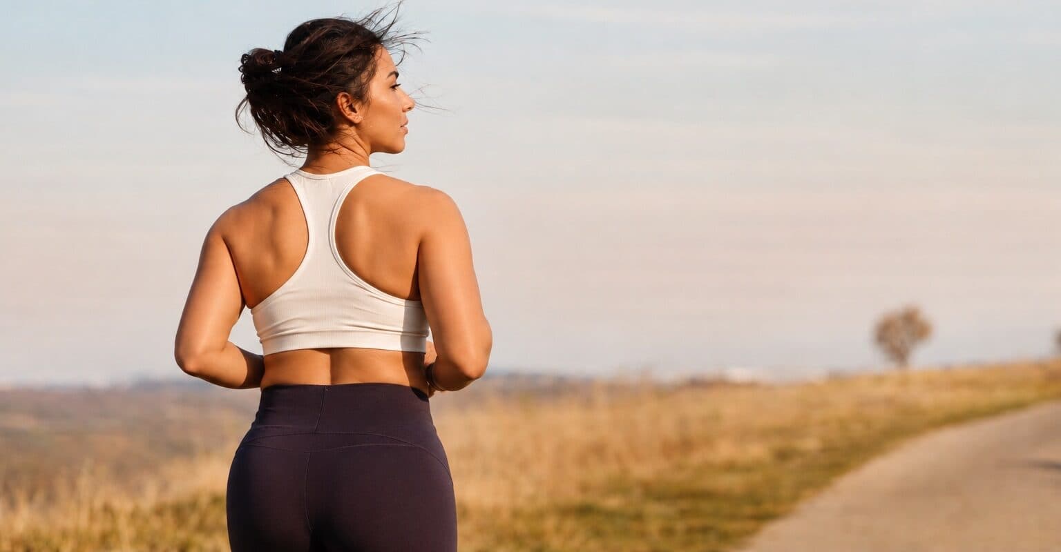 A woman in athletic wear seen from behind, looking out over a sunlit field under an open sky