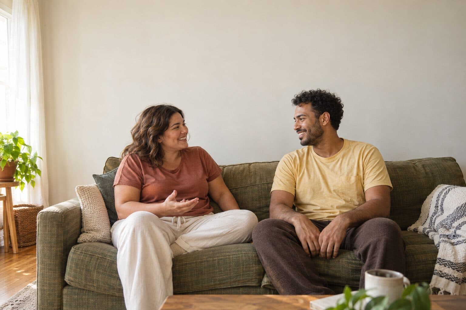 Two Collective members laughing together on a green sofa